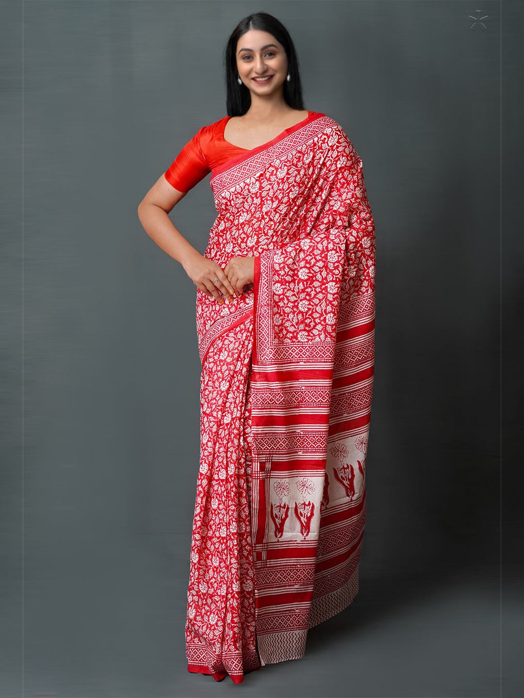

Unnati Silks Floral Printed Dyed Pure Cotton Block Print Saree, Red