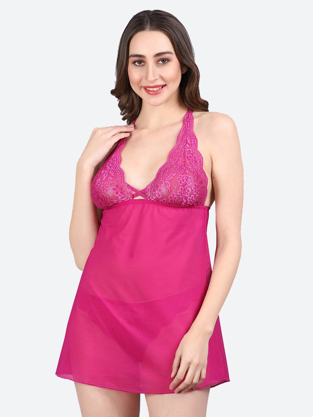 

Fleurt Self Design Halter Neck Baby Doll, Rose