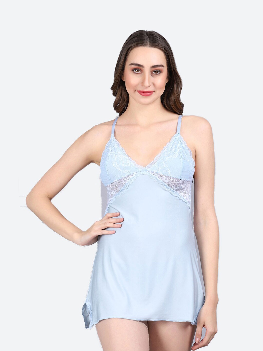 

Fleurt Shoulder Straps Lace Baby Doll & Briefs, Turquoise blue