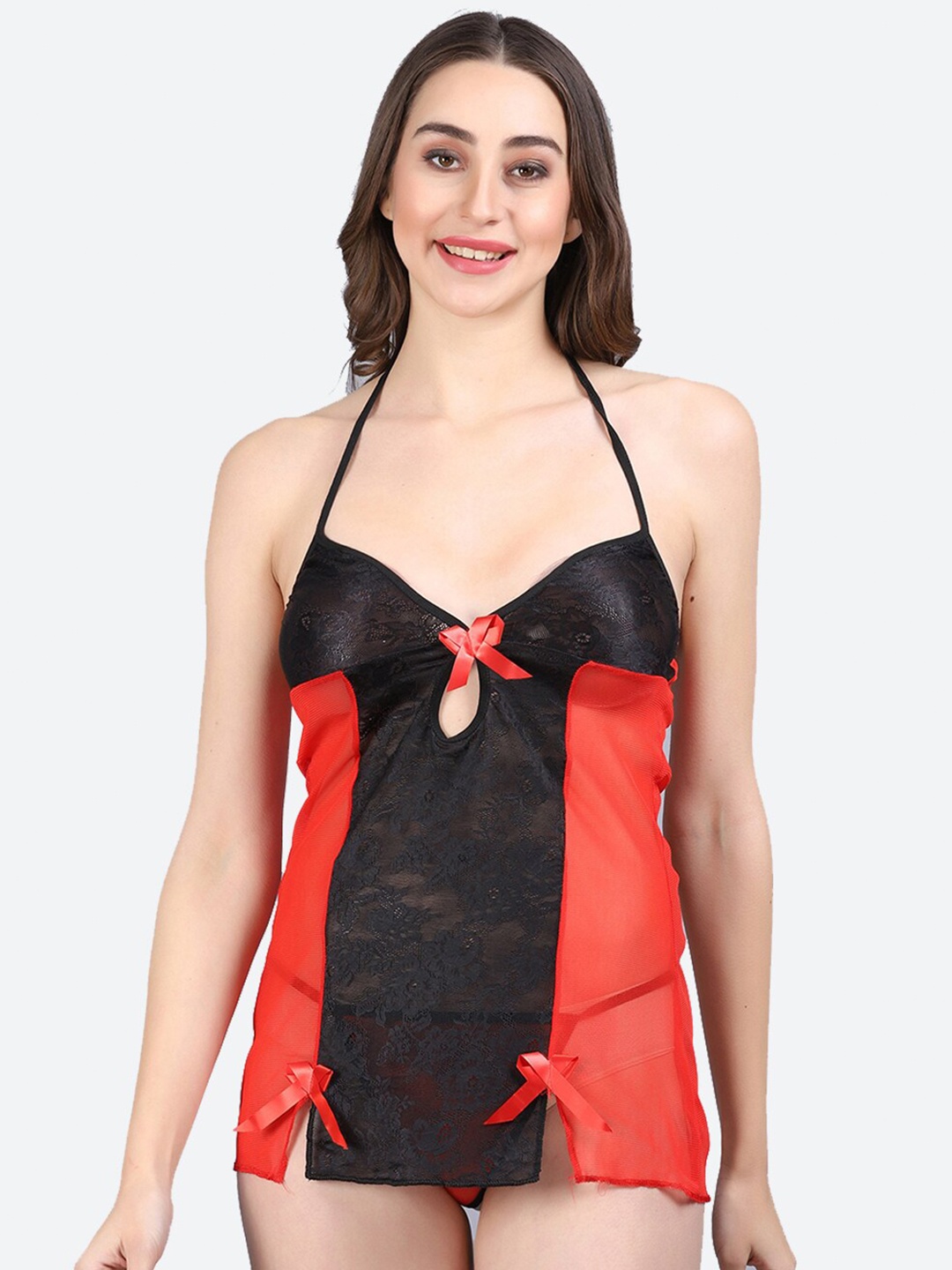

Fleurt Colourblocked Halter Neck Baby Doll, Red
