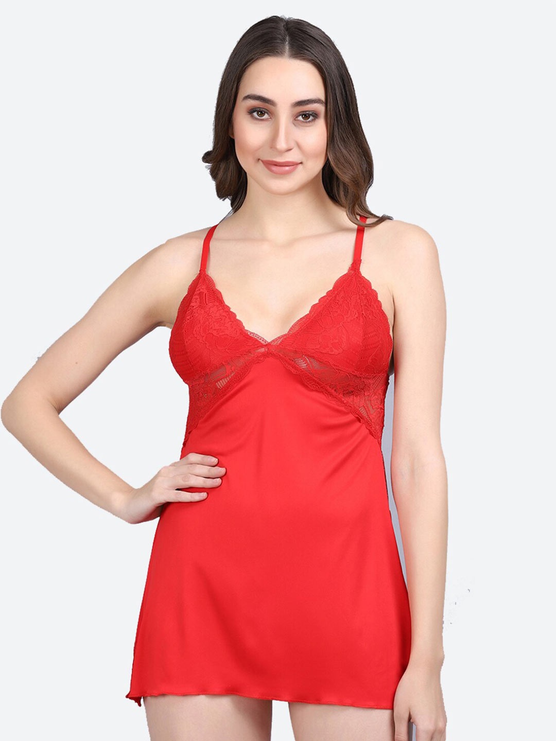 

Fleurt Shoulder Straps Lace Detail Baby Doll, Red