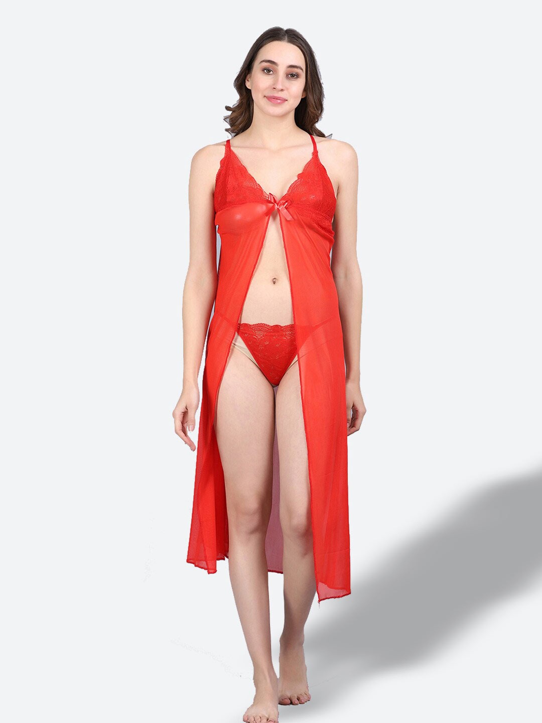 

Fleurt Shoulder Straps Lace Baby Doll & Briefs, Red