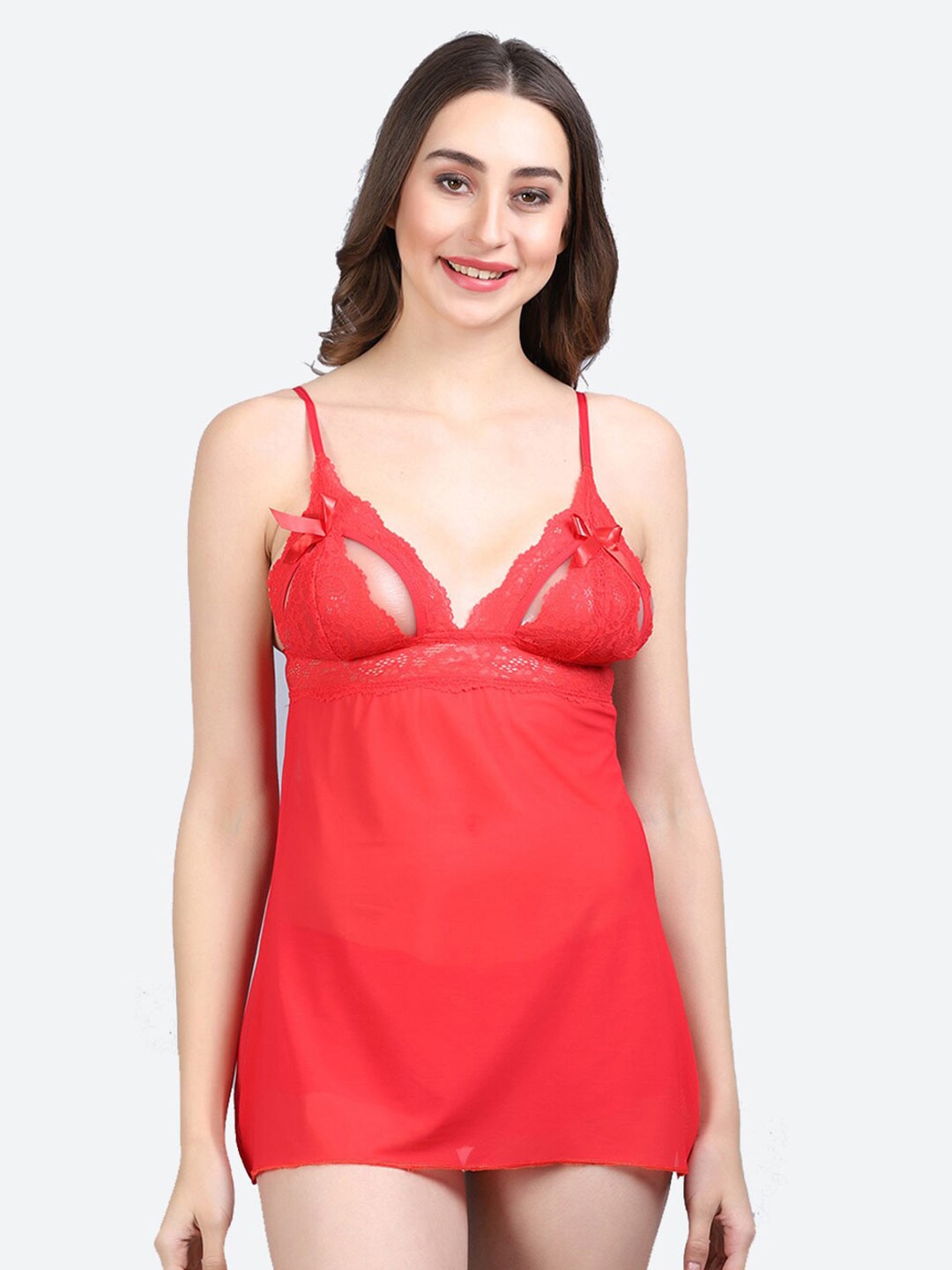 

Fleurt Shoulder Straps Lace Baby Doll & Briefs, Red