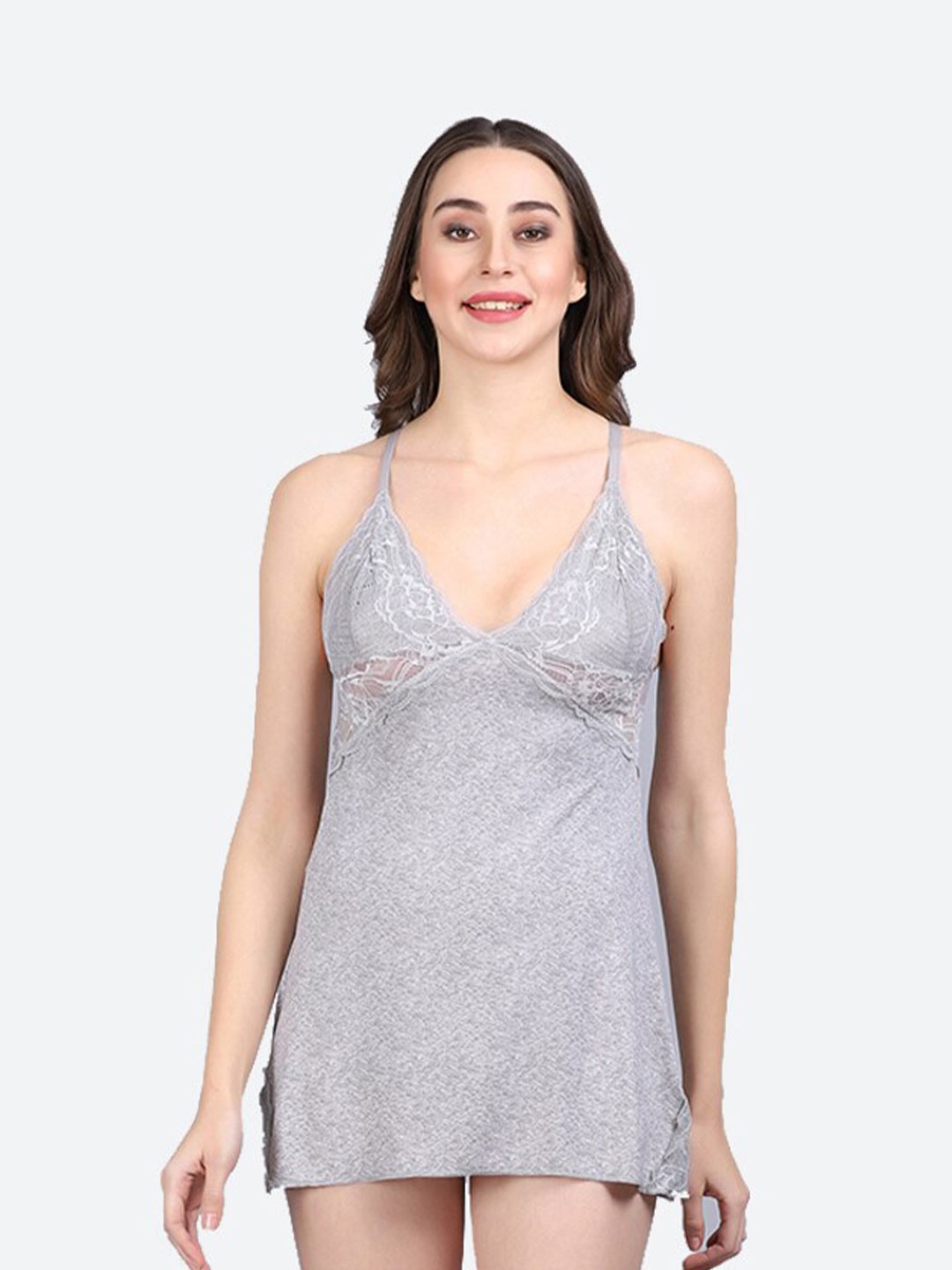 

Fleurt Self Design Shoulder Straps Lace Detail Baby Doll, Grey