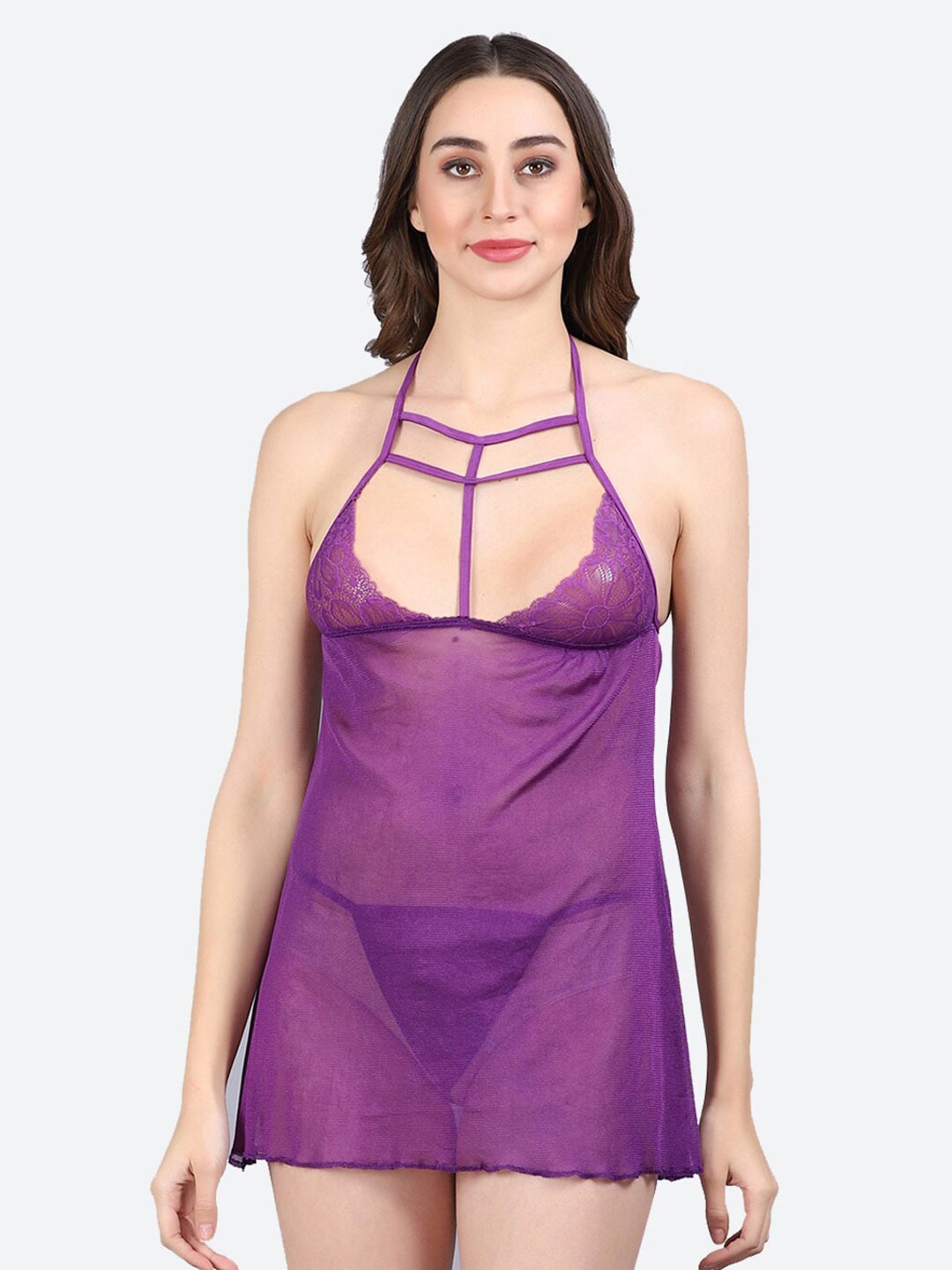 

Fleurt Halter Neck Lace Baby Doll & Briefs, Purple