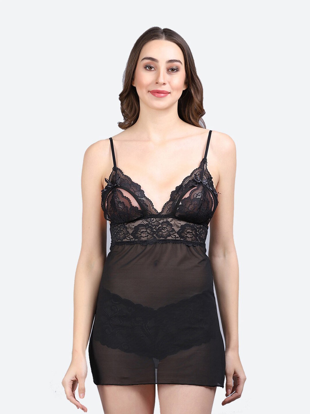 

Fleurt Shoulder Straps Lace Detail Baby Doll, Black