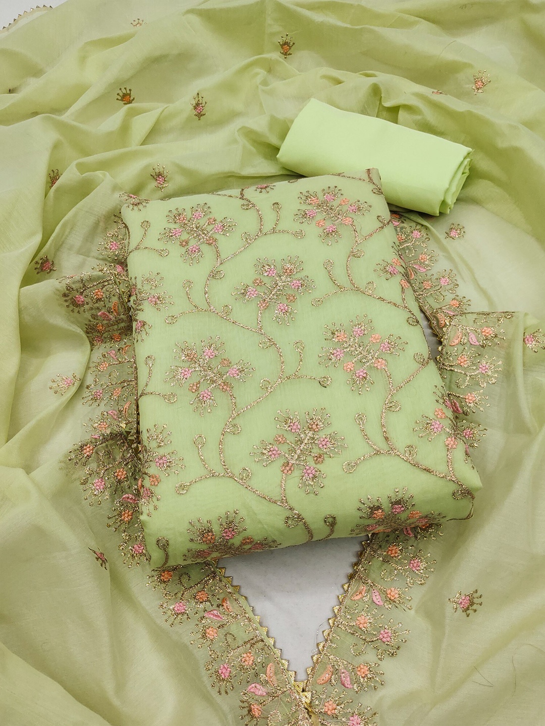 

KALINI Floral Embroidered Art Silk Unstitched Dress Material, Green