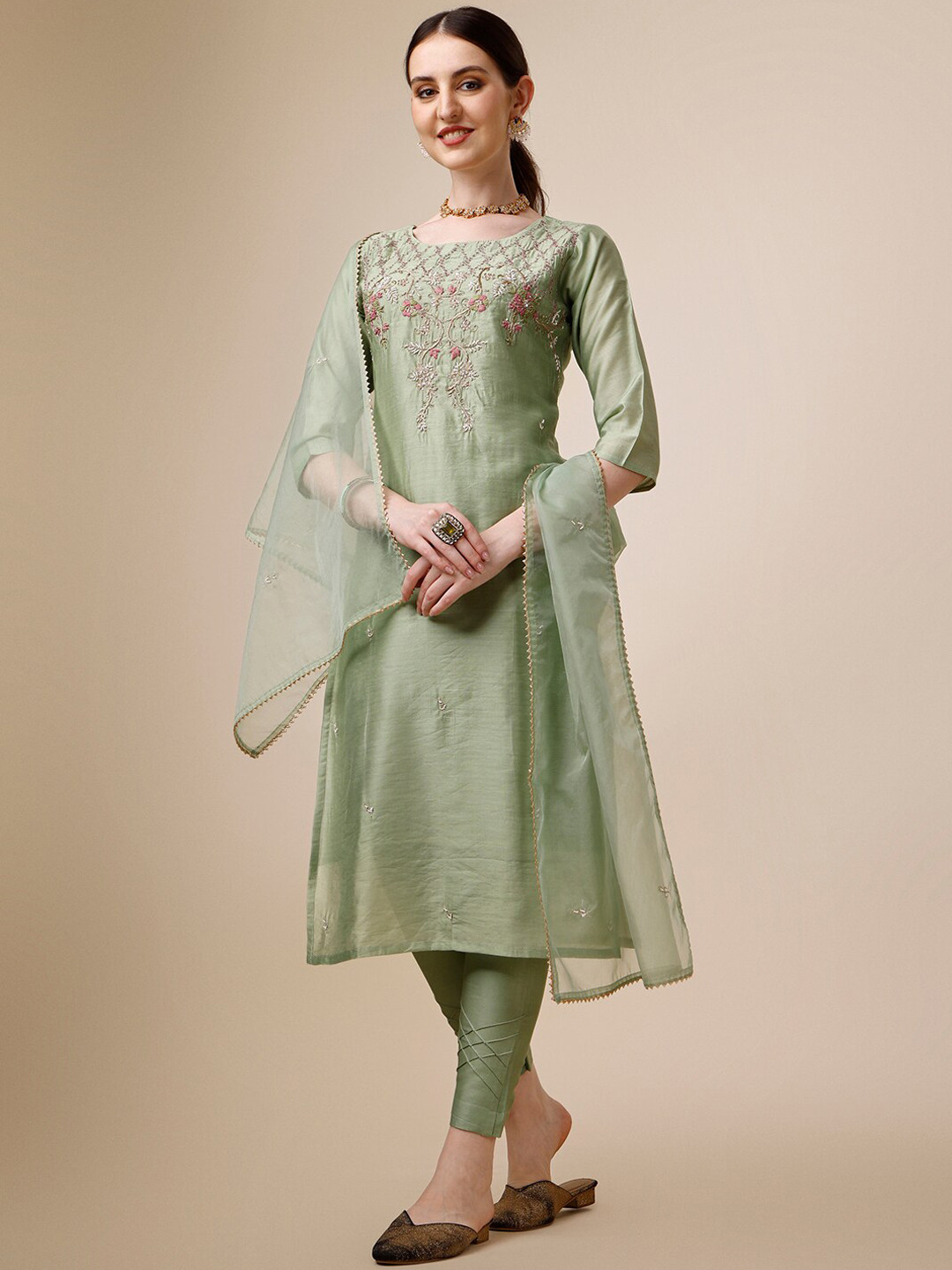 

Berrylicious Ethnic Motifs Embroidered Chanderi Cotton Kurta With Trousers & Dupatta, Green