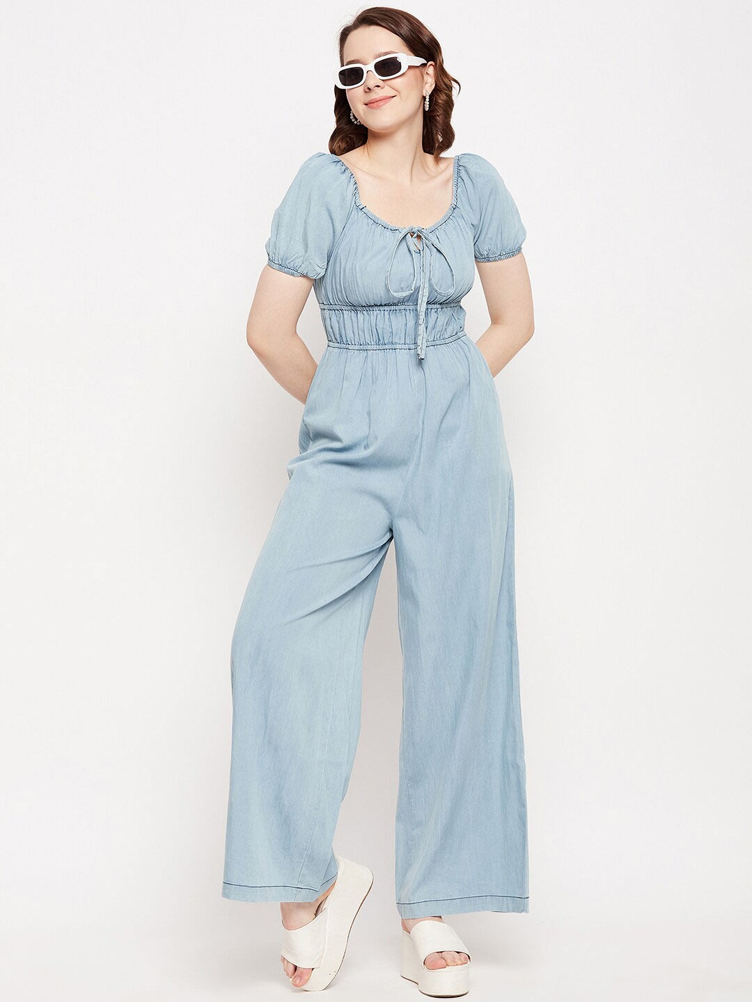 

Madame Solid Tie-Up Neck Jumpsuit, Blue