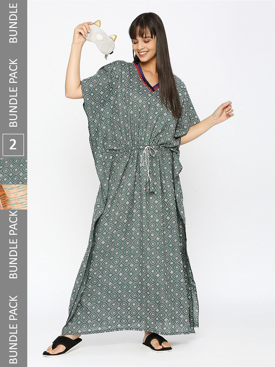 

Pretty Awesome Pack Of 2 Geometric Printed Maxi Kaftan Nightdress, Grey