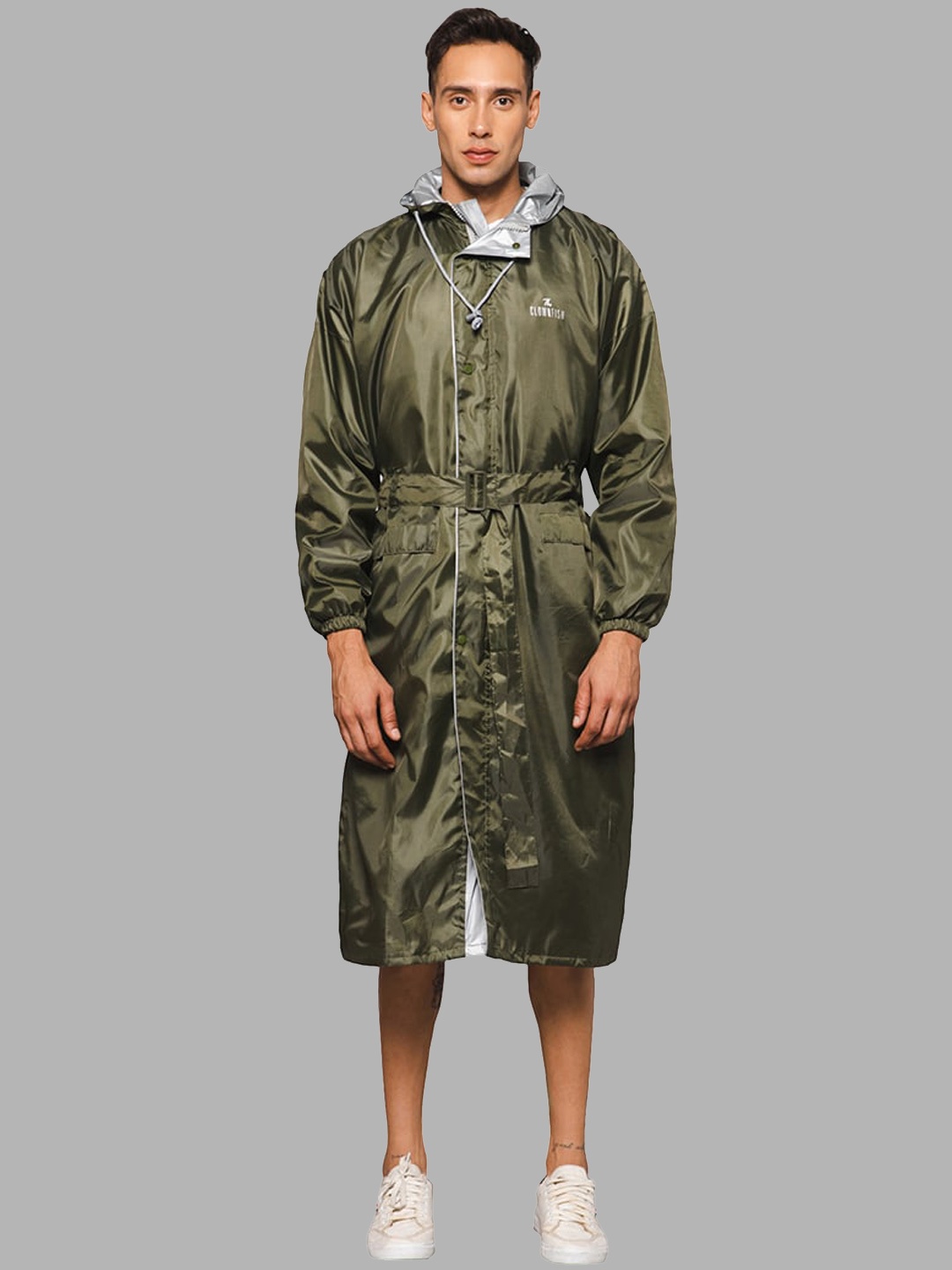 

THE CLOWNFISH Reversible Adjustable Hood And Reflector Waterproof Rain Jacket, Olive