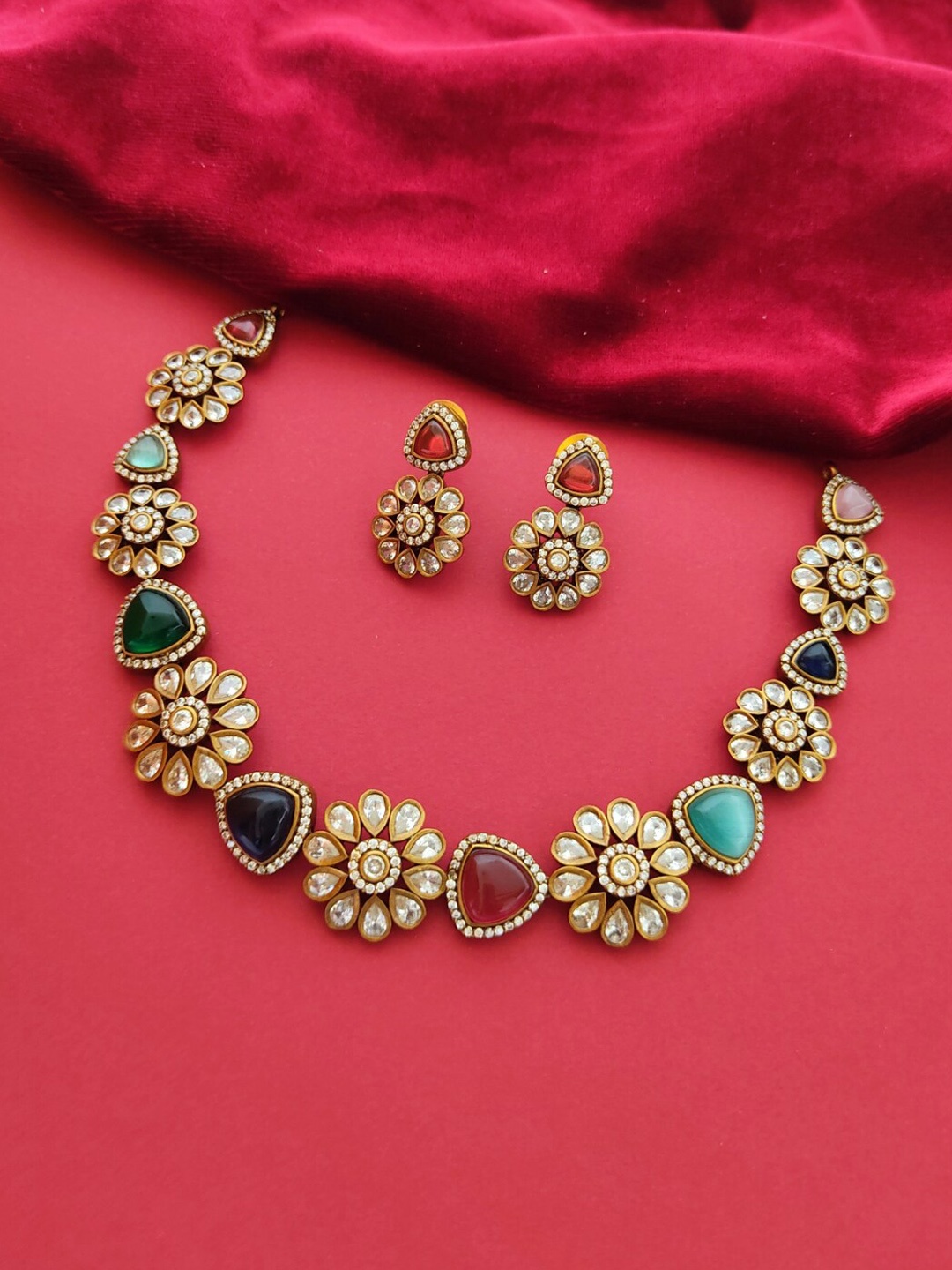 

Pihtara Jewels Brass-Plated Stone-Studded Necklace & Earrings, Gold