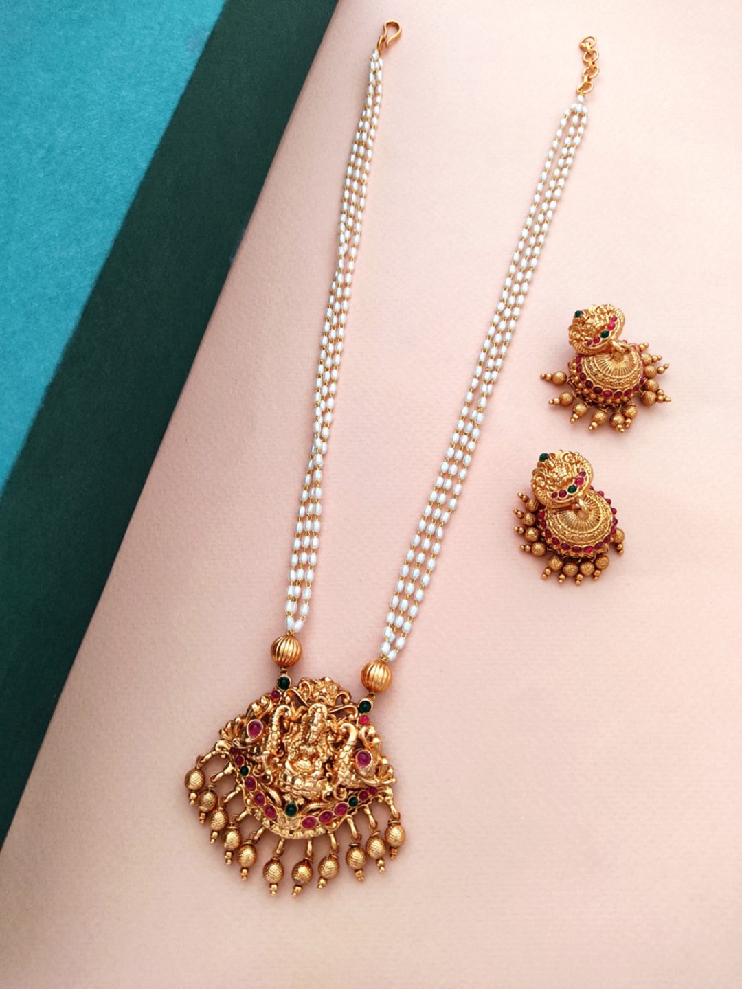 

Pihtara Jewels Gold-Plated Goddess Lakshmi Pendant Long Pearl Jewellery Set