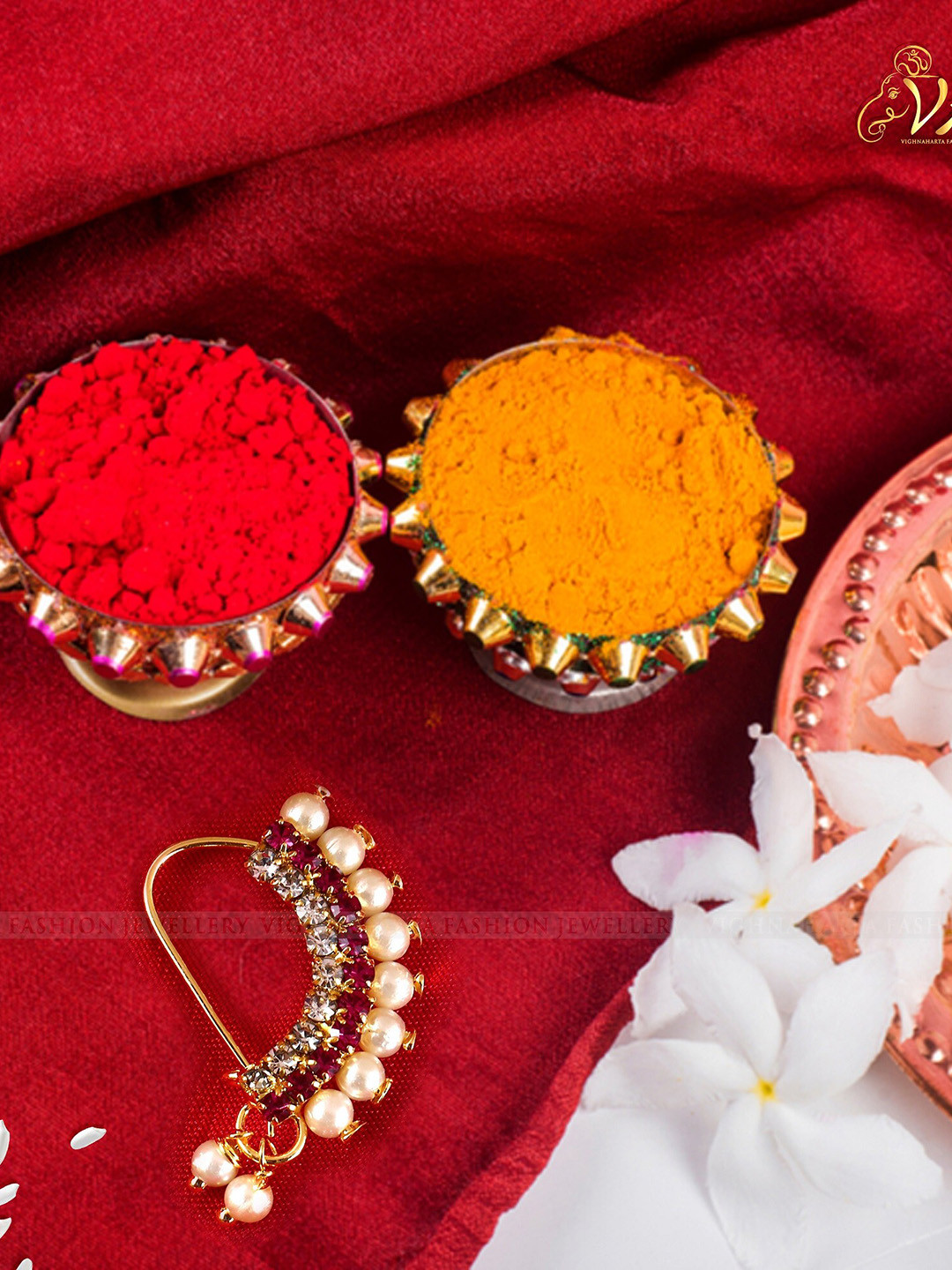 

Vighnaharta Gold-Plated Stone-Studded & Beaded Maharashtrian Nosepin