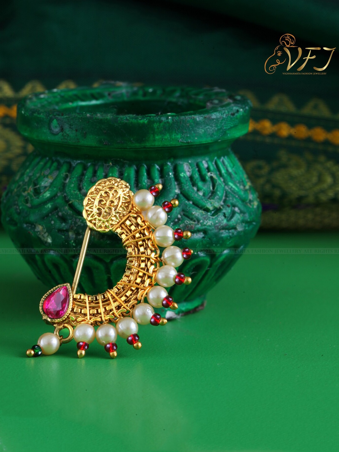 

Vighnaharta Gold-Plated Artificial Stones & Pearl Studded Nosepin, Red