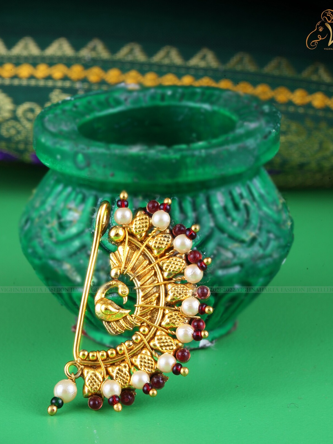 

Vighnaharta Gold-Plated Stones & Pearl Studded Nosepin
