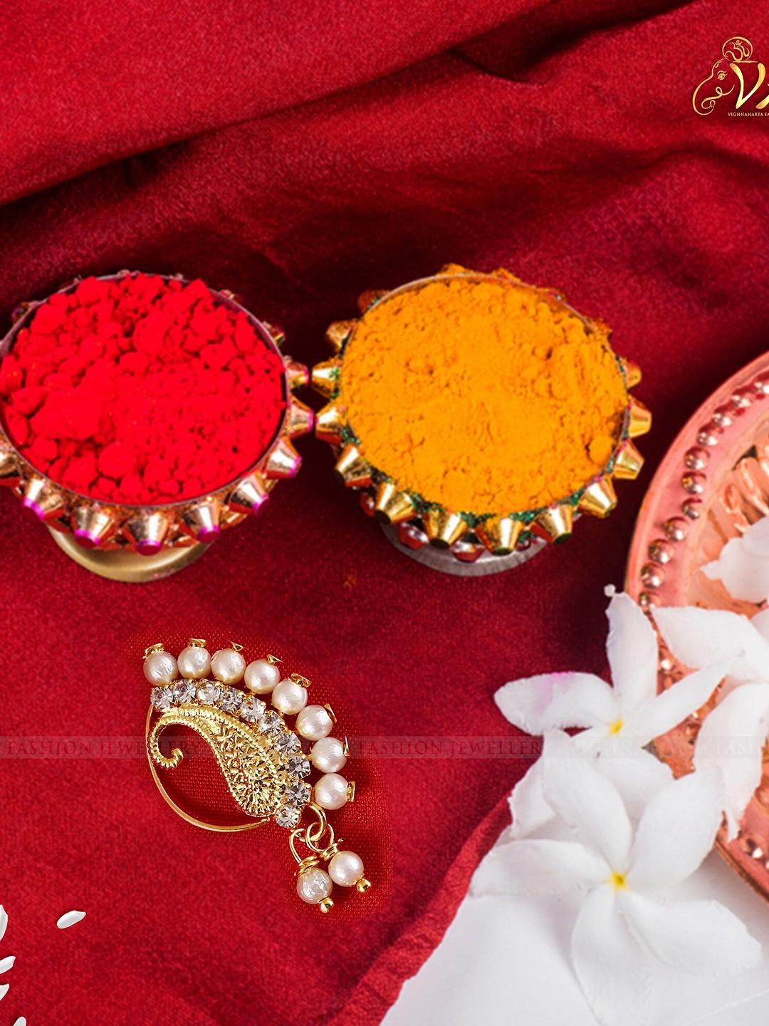 

Vighnaharta Gold-Plated Stone-Studded & Pearl Beaded Nosepin