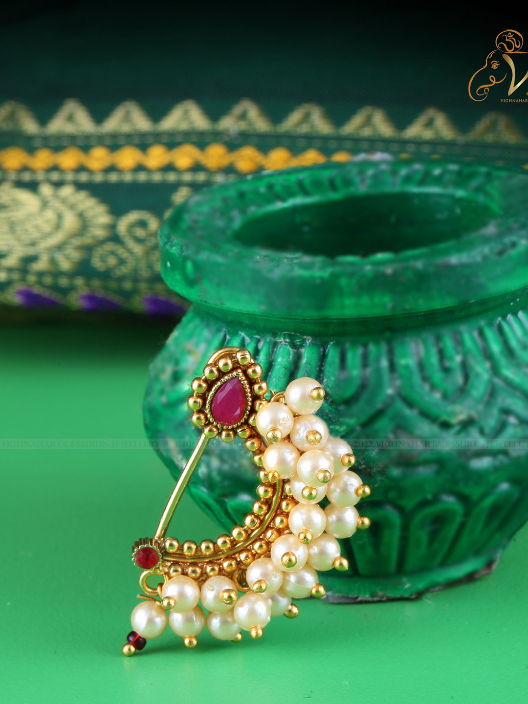 

Vighnaharta Gold-Plated Stones-Studded & Beaded Nosepin