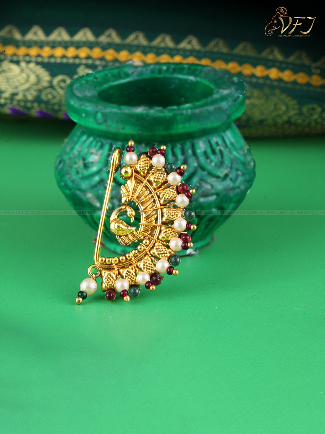 

Vighnaharta Gold-Plated Stone-Studded & Pearl beaded Nosepin, White