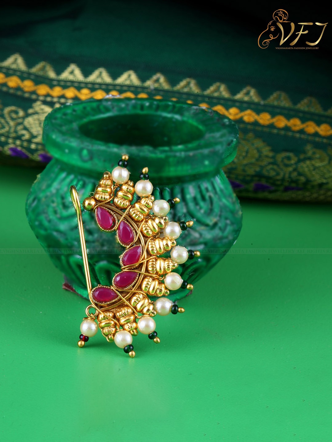 

Vighnaharta Gold-Plated Stone-Studded & Pearl beaded Nosepin, Red
