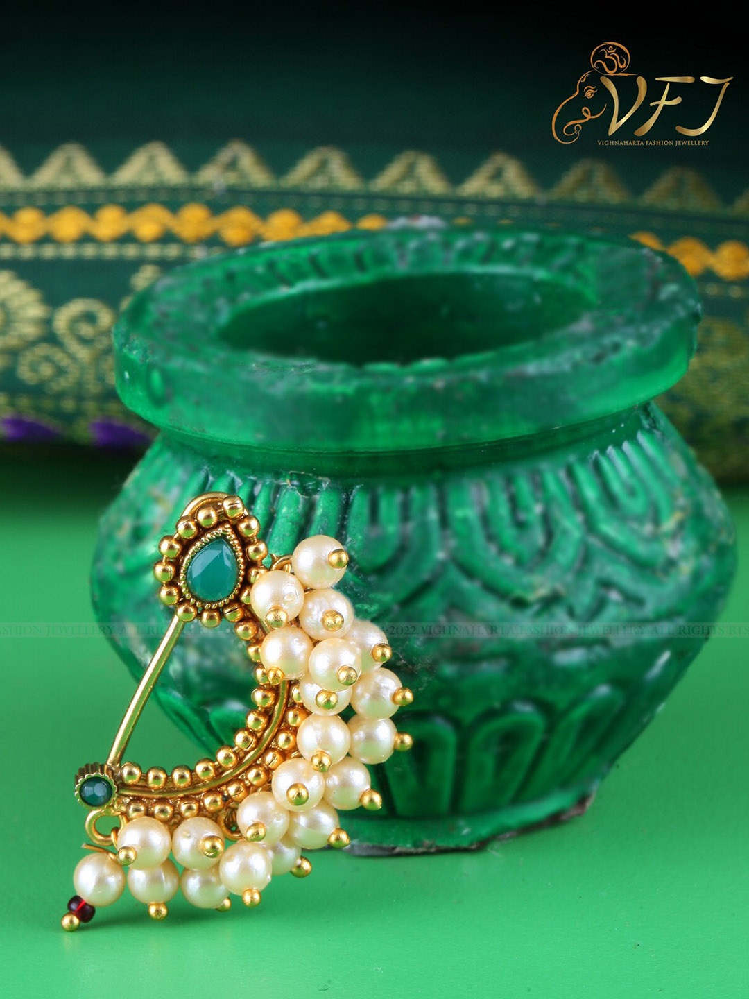 

Vighnaharta Gold-Plated Stone-Studded & Pearl beaded Nosepin, Green