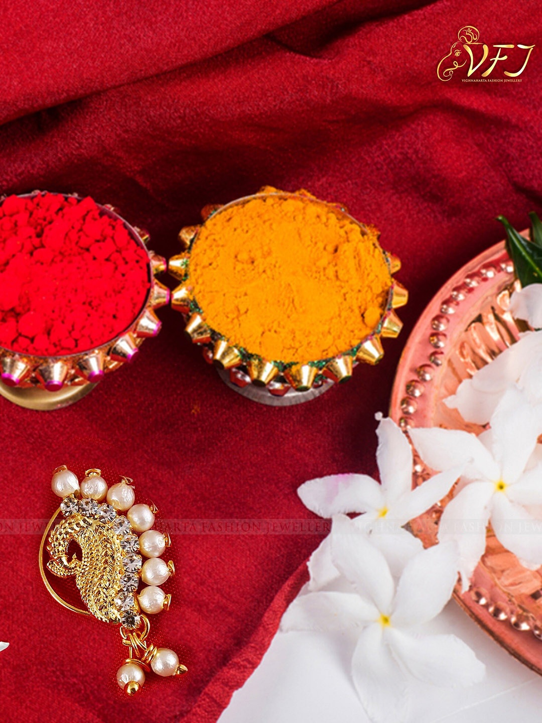 

Vighnaharta Gold-Plated Stone-Studded & Pearl beaded Nosepin