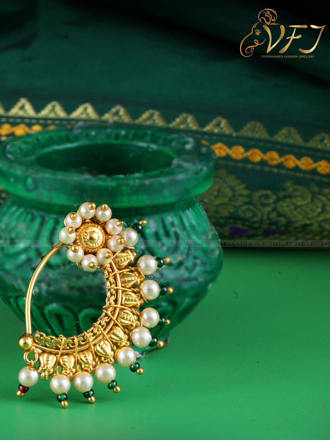 

Vighnaharta Gold-Plated Stone-Studded & Pearl beaded Nosepin