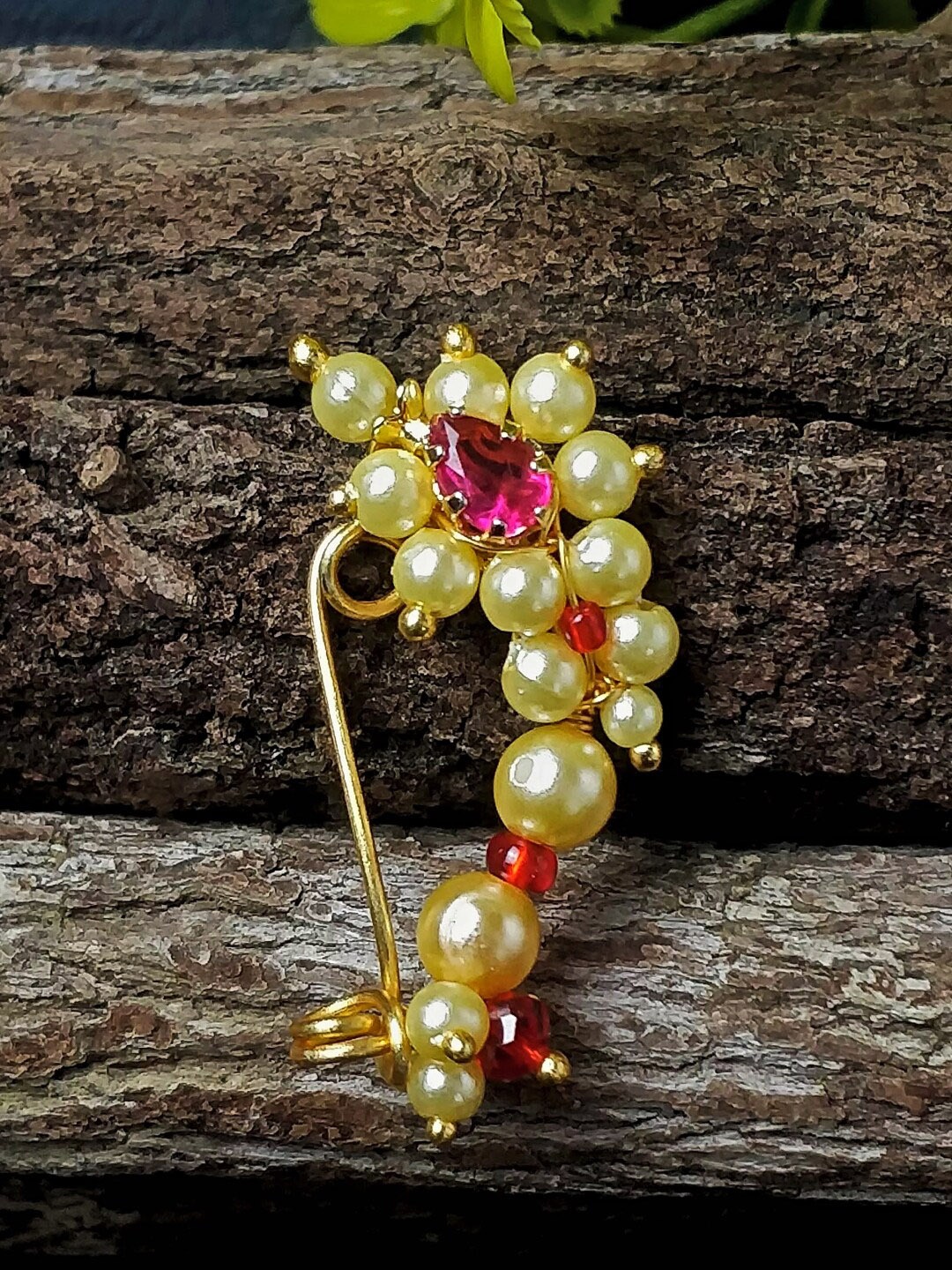 

Proplady Gold-Plated Stone-Studded & Pearl Beaded Nose Ring