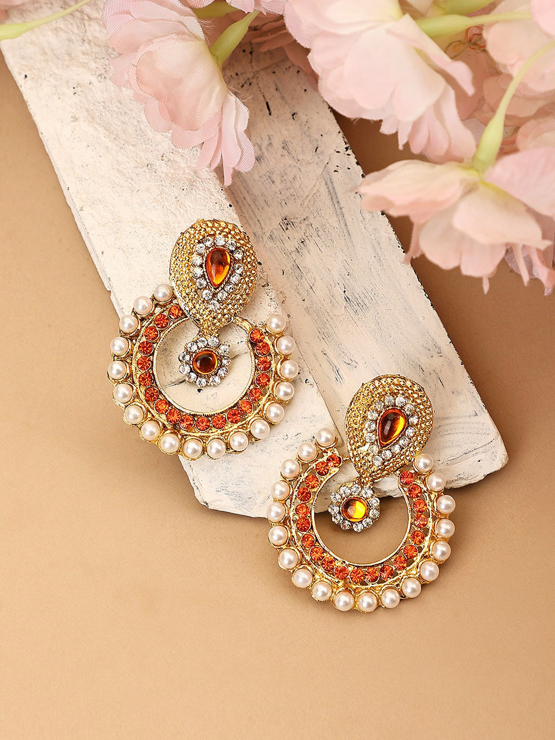 

ANIKAS CREATION Gold Plated Contemporary Stone Studded & Beaded Chandbalis