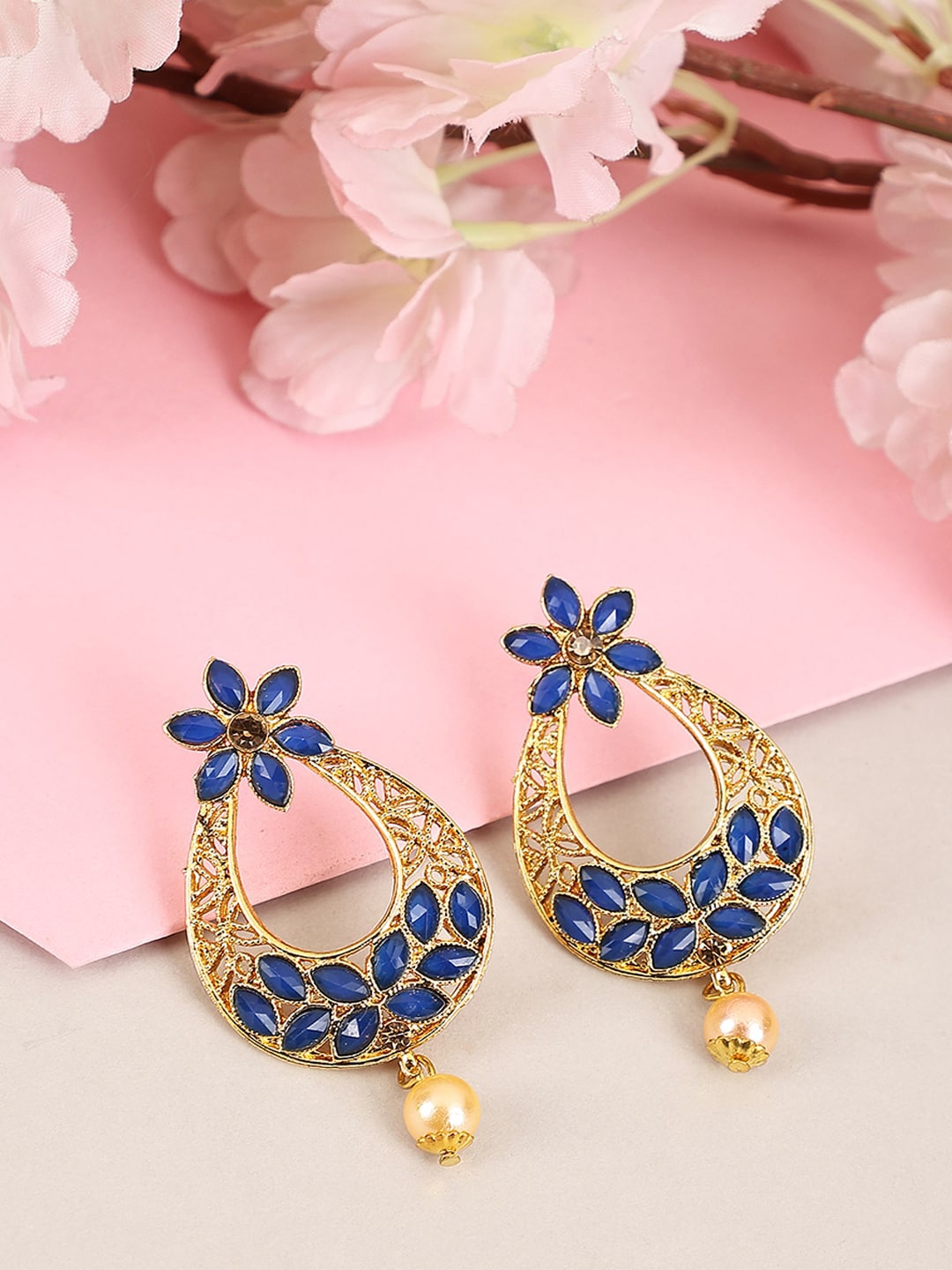 

ANIKAS CREATION Gold Plated Contemporary Stone Studded Drop Earrings