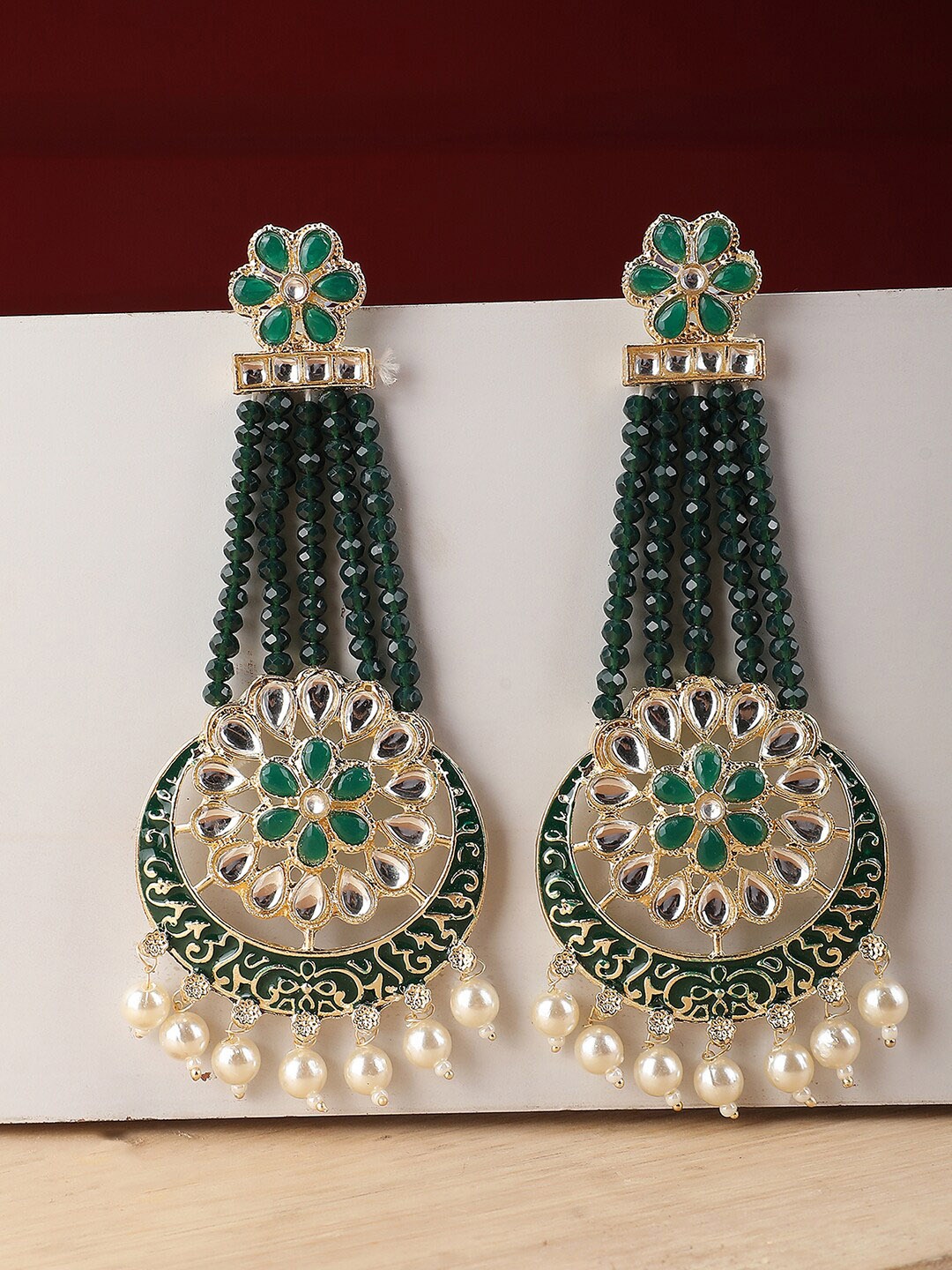 

ANIKAS CREATION Gold Plated Contemporary Kundan Studded & Beaded Drop Earrings