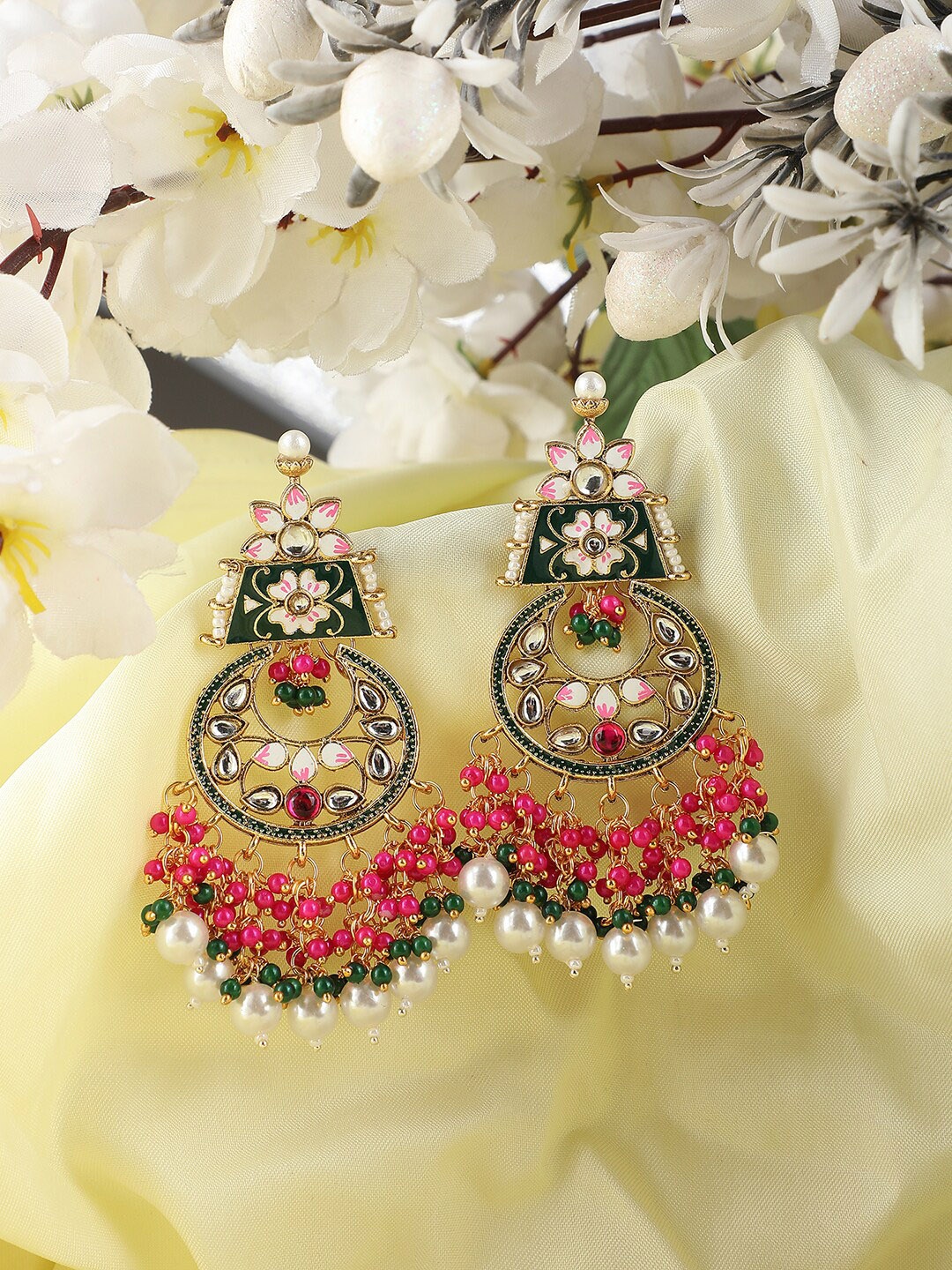 

ANIKAS CREATION Gold Plated Contemporary Kundan Studded & Beaded Drop Earrings