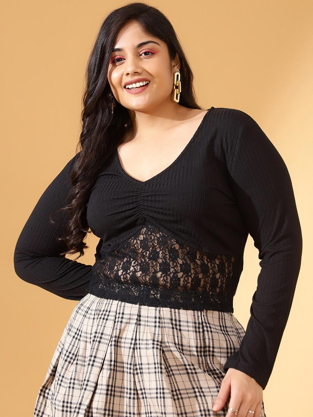 

CURVE BY KASSUALLY Black Self Design Regular Top