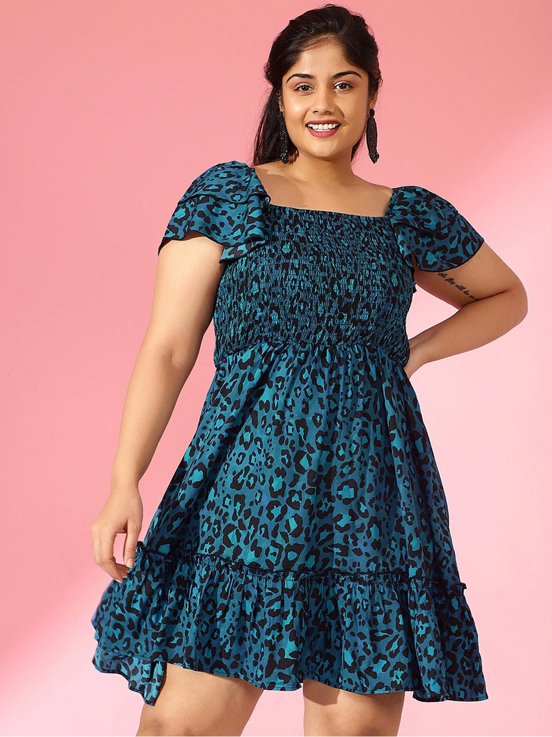 

CURVE BY KASSUALLY Teal & Black Animal Printed Flutter Sleeves Fit & Flare Dress