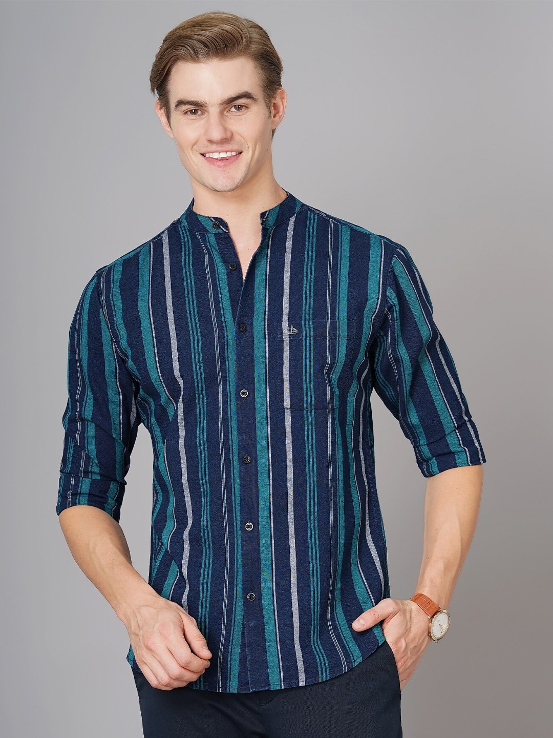 

British Club Smart Slim Fit Striped Casual Cotton Shirt, Green