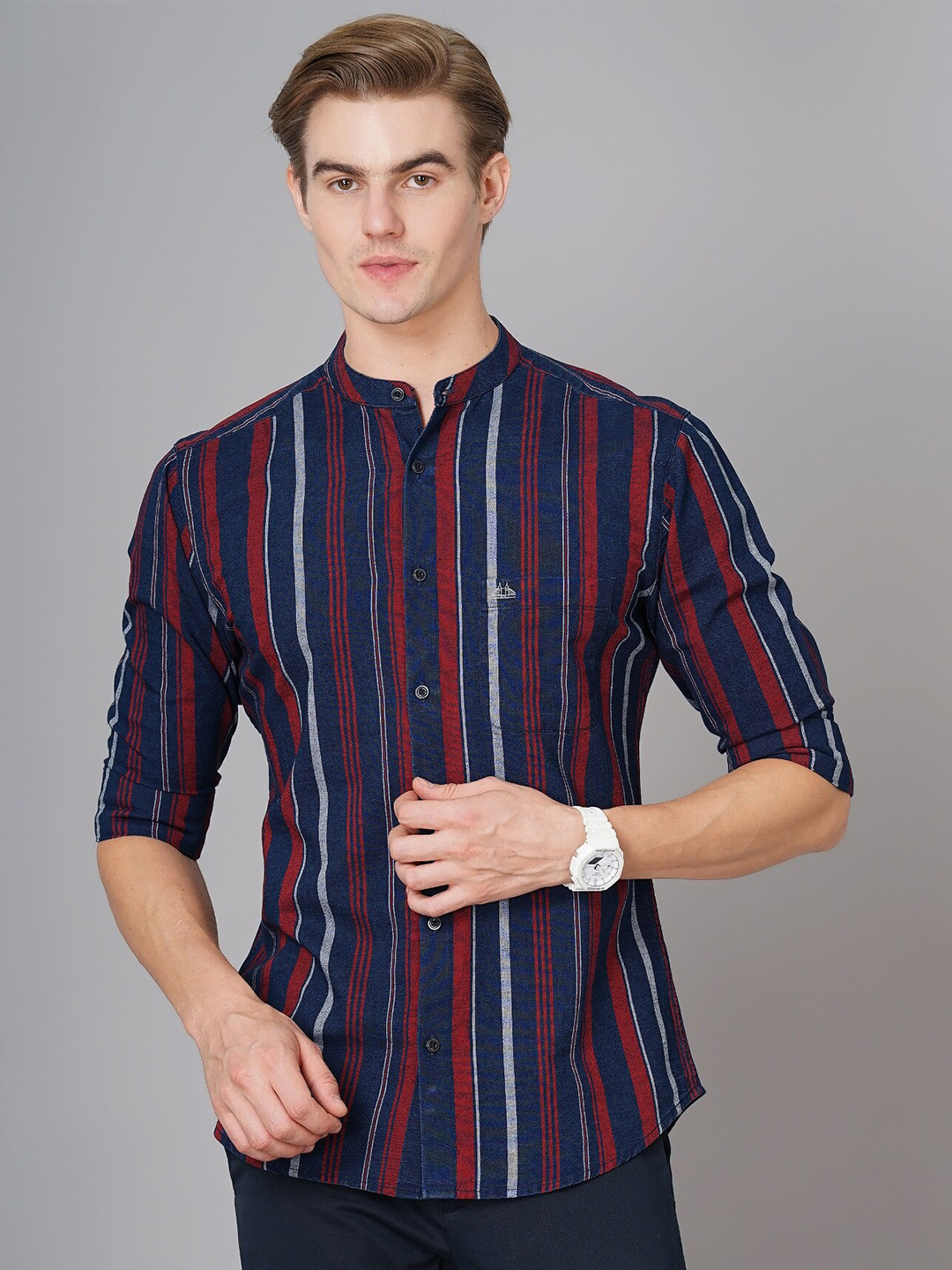 

British Club Smart Slim Fit Opaque Striped Cotton Casual Shirt, Red