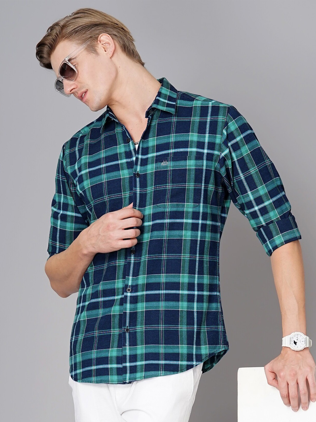 

British Club Smart Slim Fit Tartan Checks Checked Cotton Casual Shirt, Green