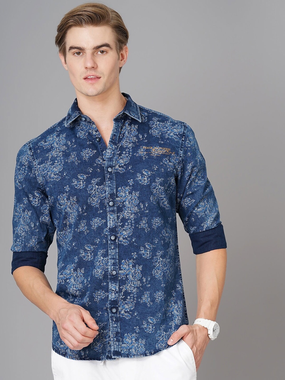 

British Club Smart Slim Fit Floral Printed Denim Casual Shirt, Blue