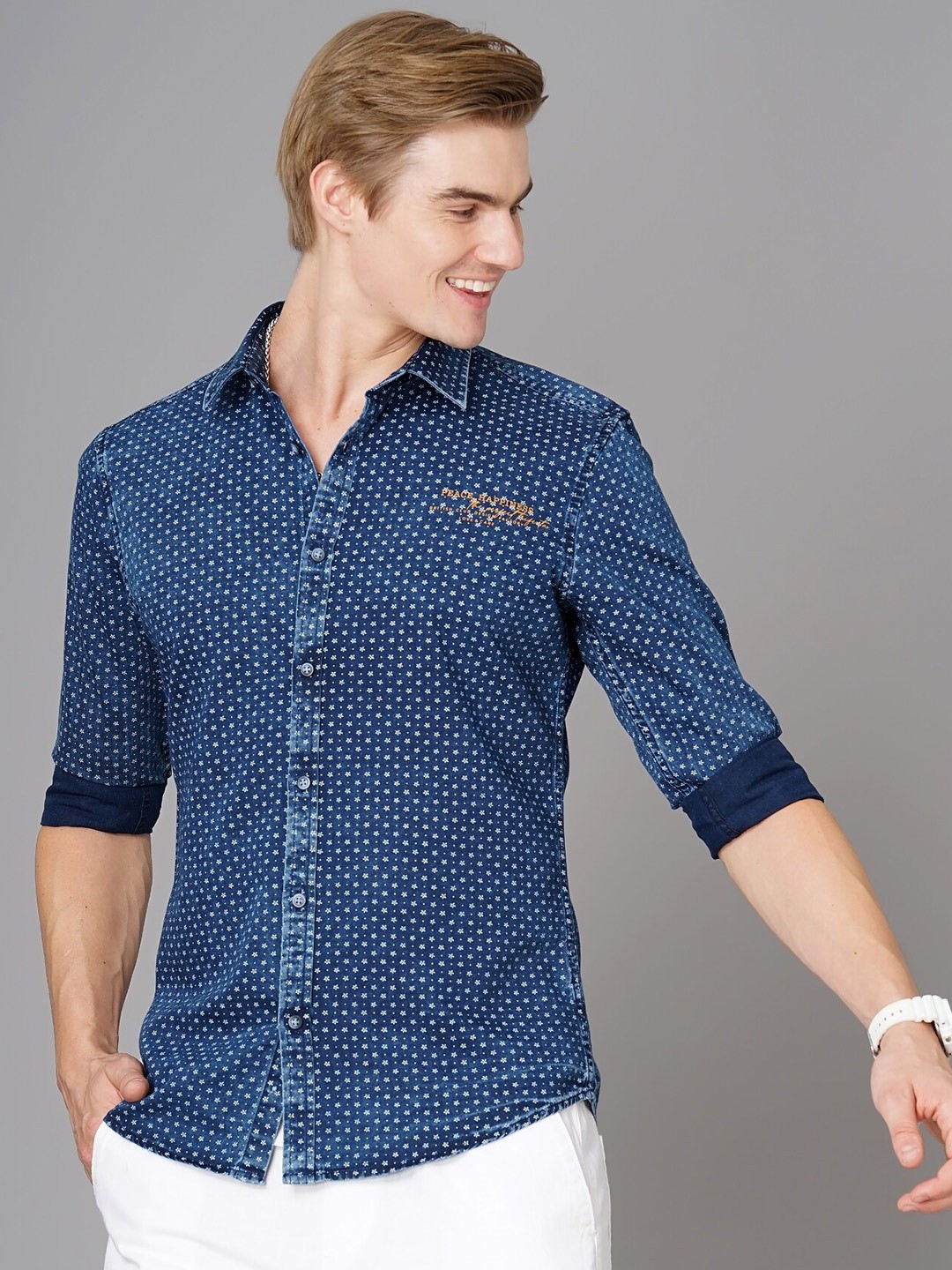 

British Club Smart Slim Fit Micro Ditsy Printed Denim Casual Shirt, Blue