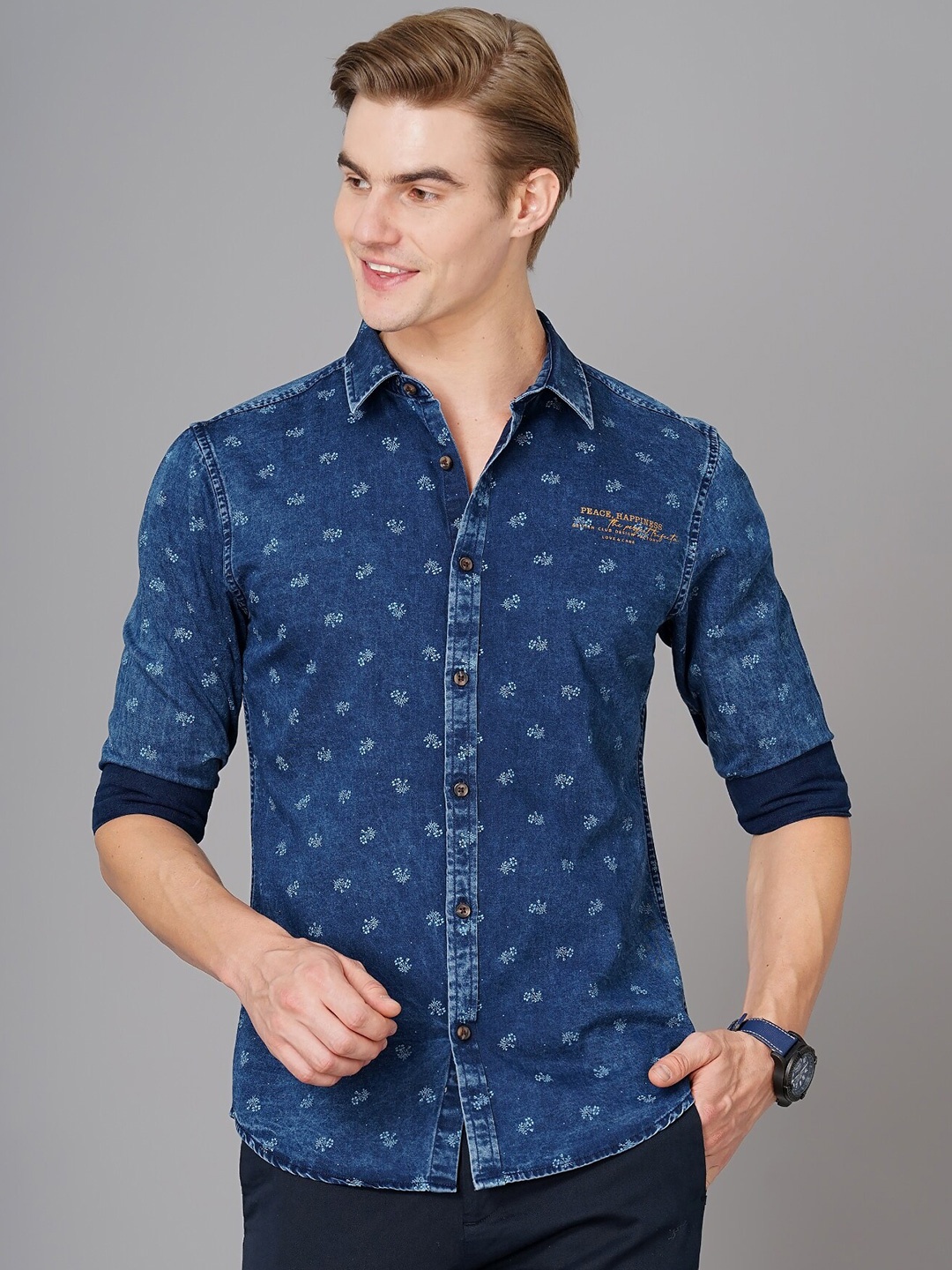 

British Club Smart Slim Fit Floral Printed Denim Casual Shirt, Blue