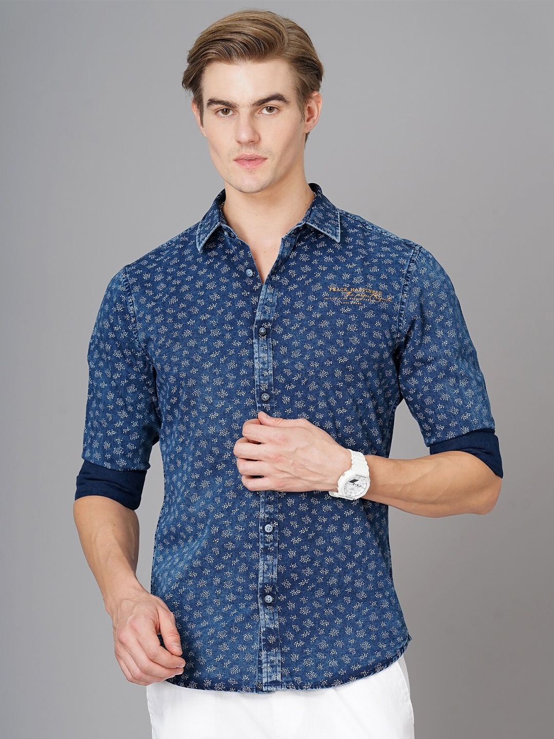 

British Club Smart Slim Fit Floral Printed Denim Casual Shirt, Blue