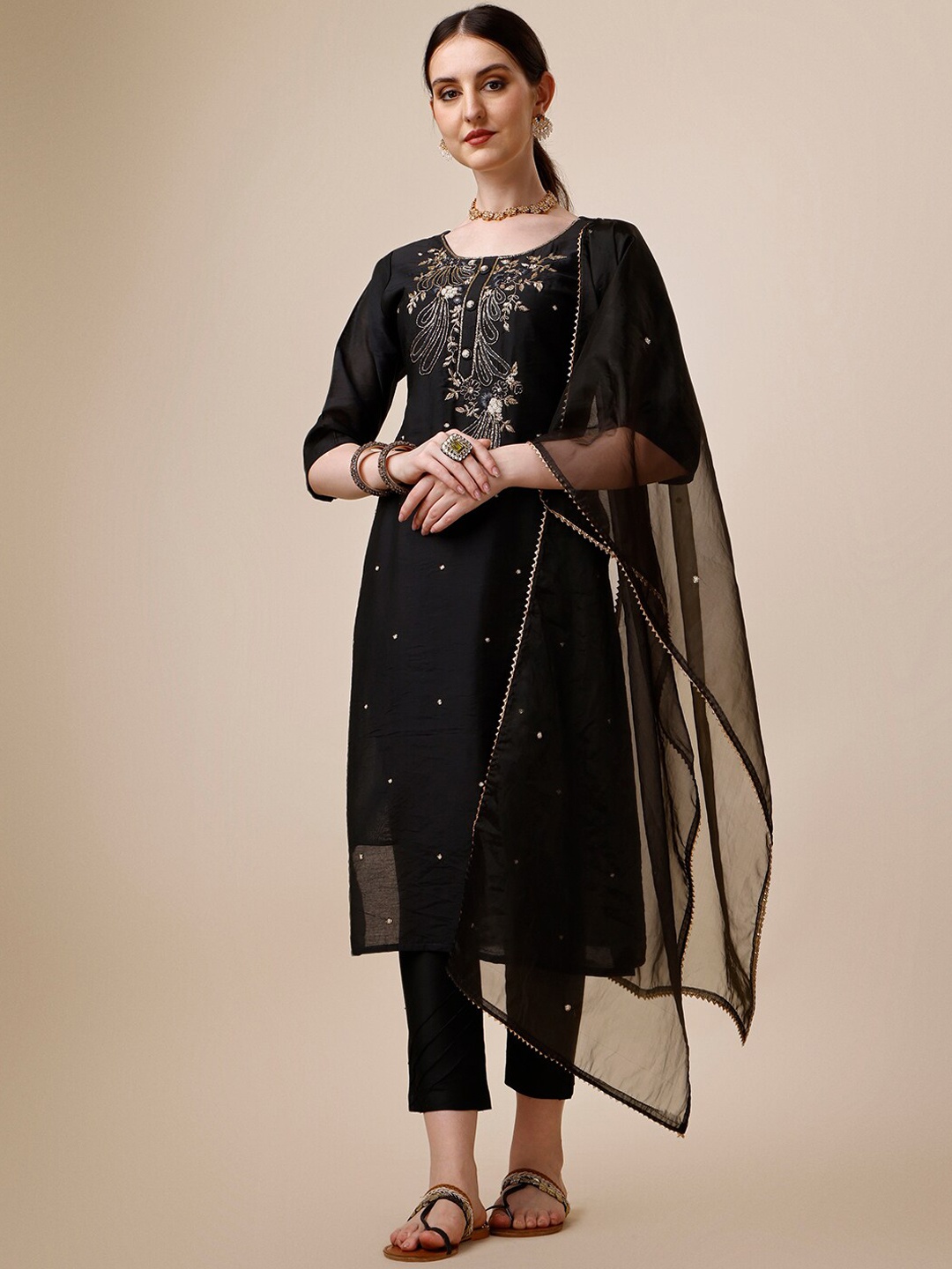 

Berrylicious Embroidered Chanderi Cotton Kurta With Trousers & Dupatta, Black