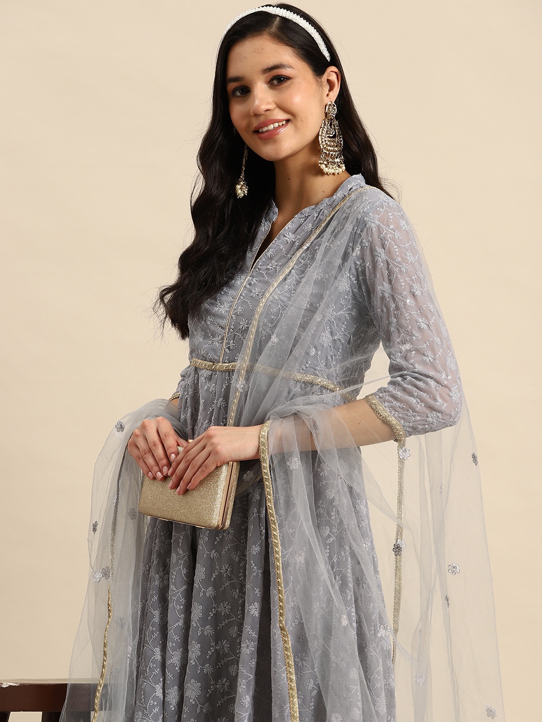 

Sangria Floral Embroidered Regular Sequinned Kurta with Churidar & Dupatta, Grey