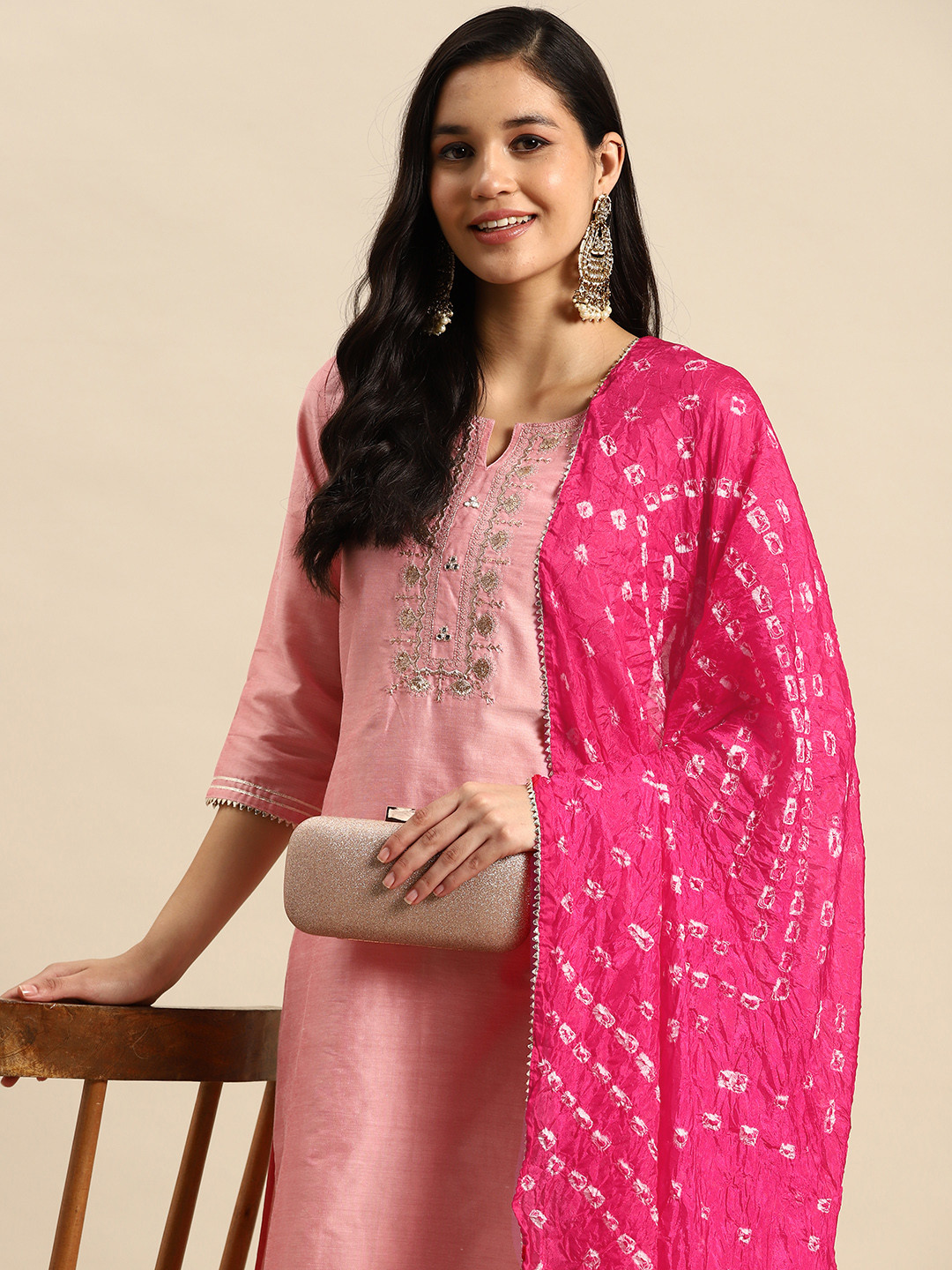 

Sangria Floral Embroidered Sequinned Pure Cotton Kurta with Trousers & Dupatta, Pink