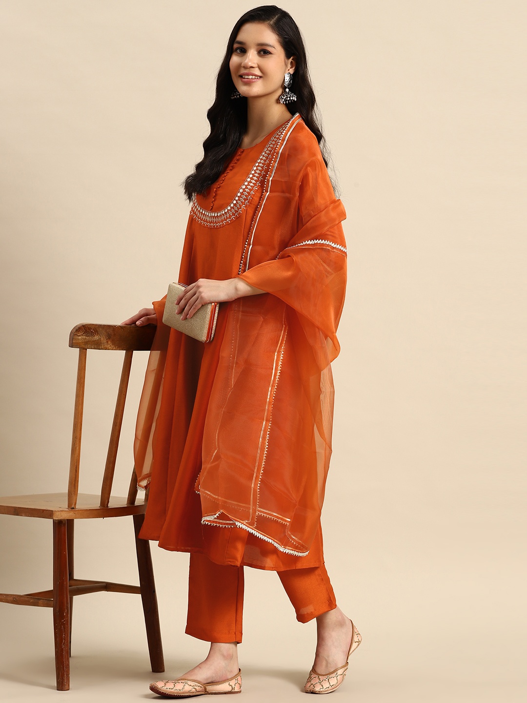 

Sangria Ethnic Motifs Embroidered Mirror Work Silk Crepe Kurta with Trousers & Dupatta, Rust