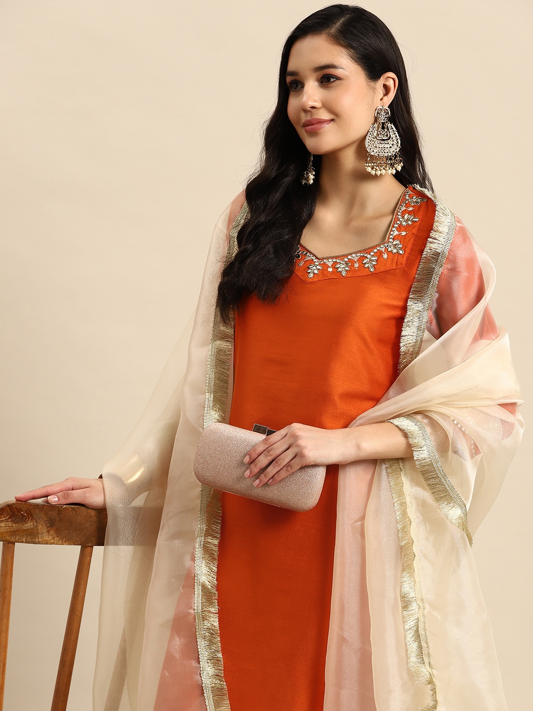 

Sangria Ethnic Motifs Embroidered Mirror Work Silk Crepe Kurta with Trousers & Dupatta, Rust