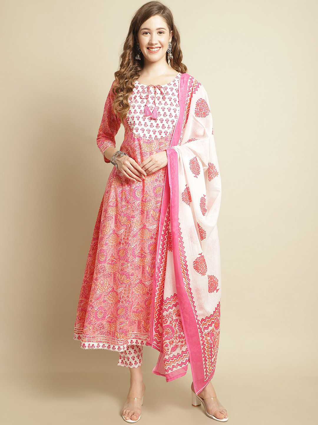 

Pistaa Floral Printed Gotta Patti Pure Cotton Kurta with Trousers & With Dupatta, Pink