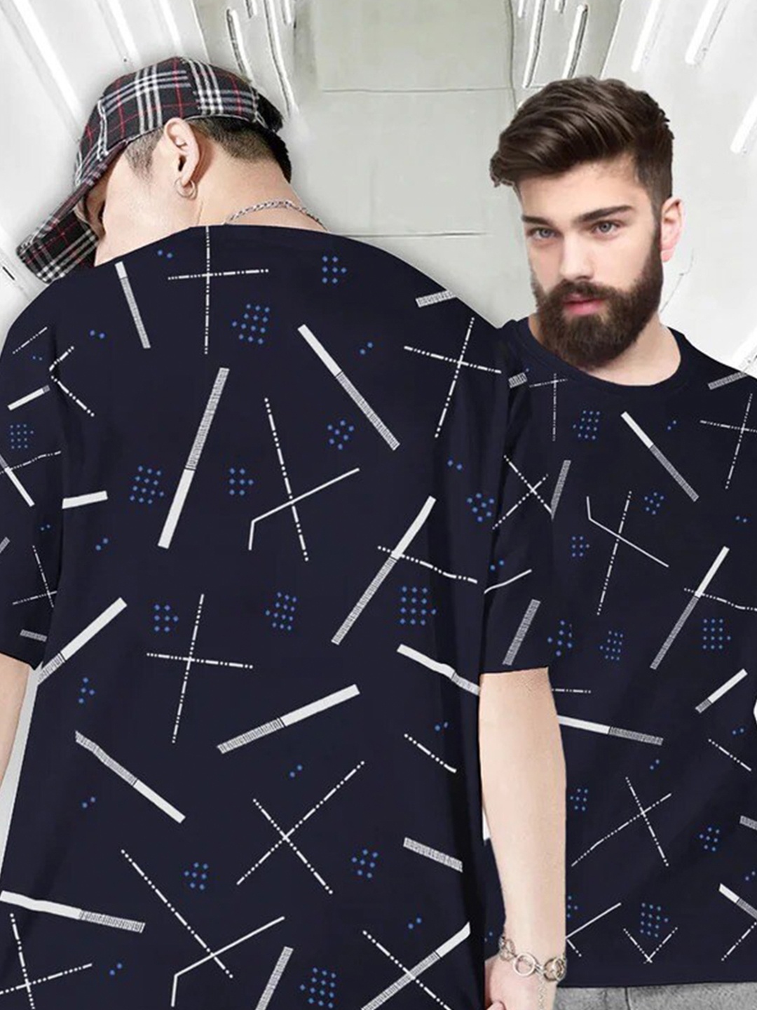 

TRIPR ORIGINALS Geometric Printed Cotton T-Shirt, Navy blue
