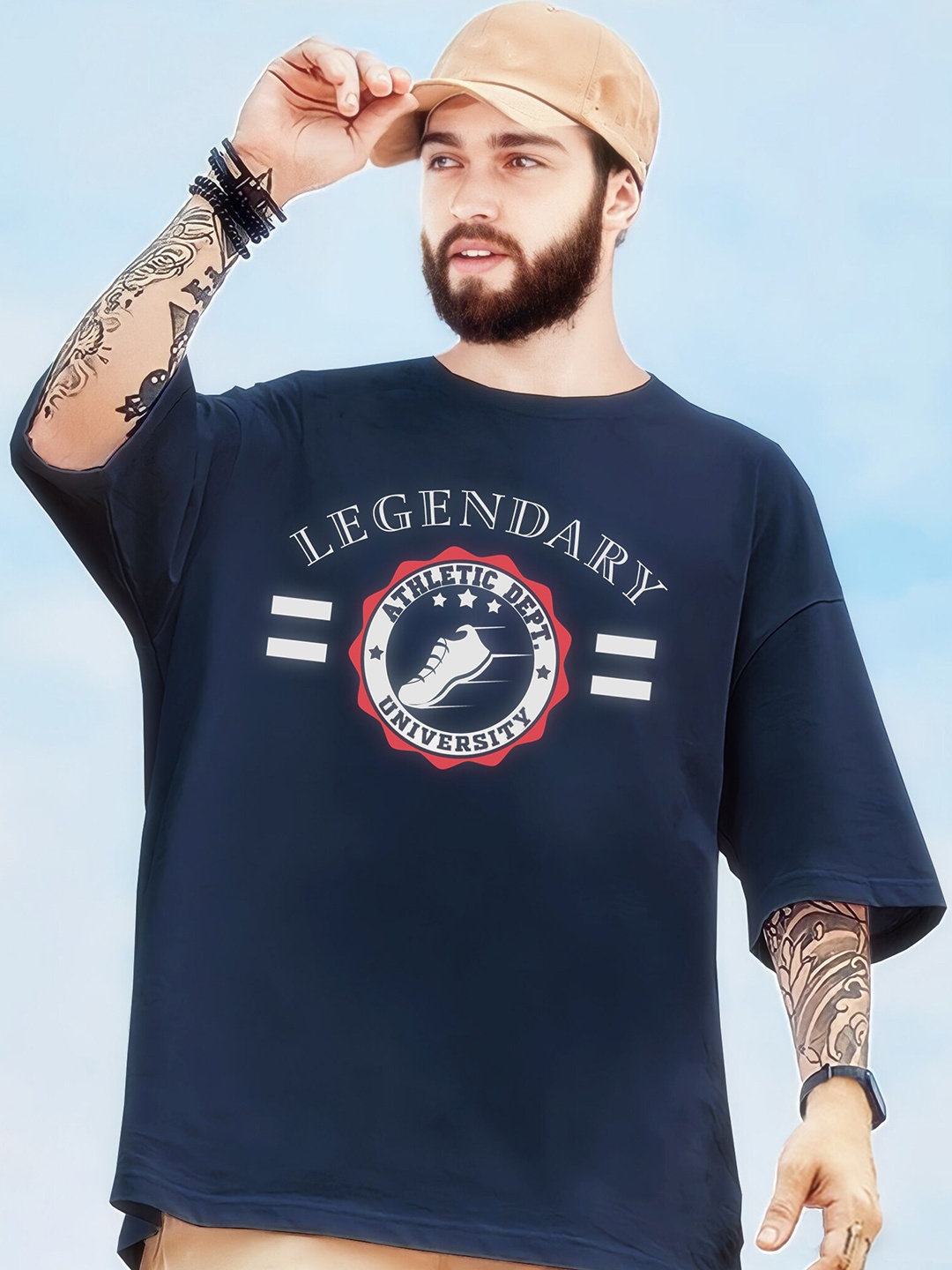 

TRIPR ORIGINALS Typography Printed Oversized Cotton T-shirt, Navy blue