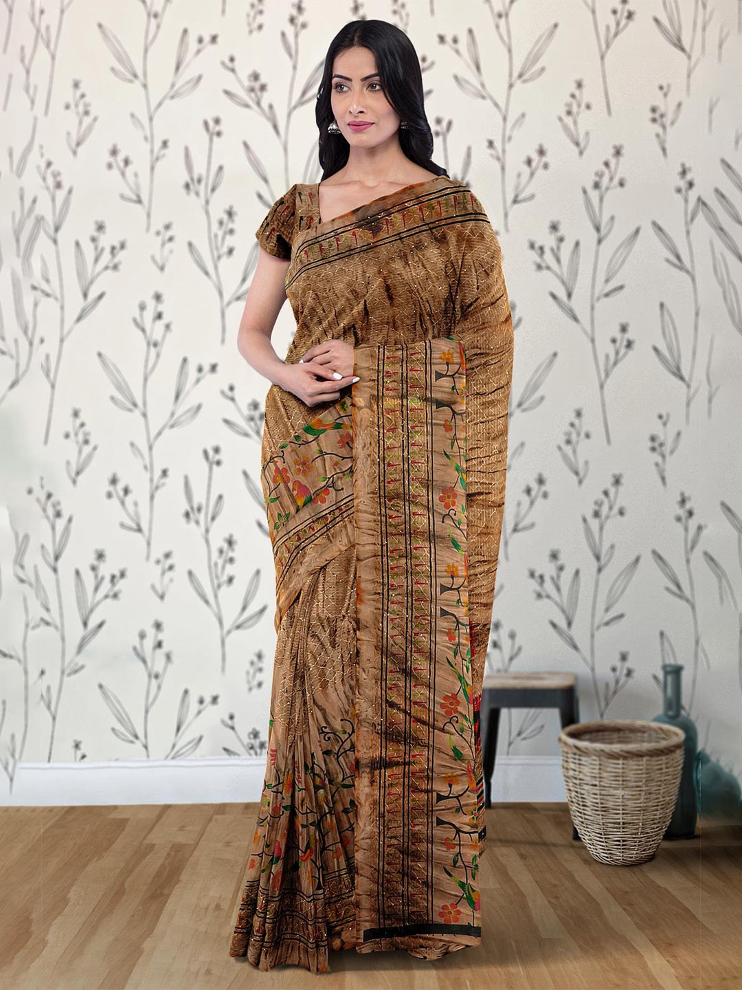 

Kalamandir Floral Printed & Embroidered Poly Georgette Saree, Brown